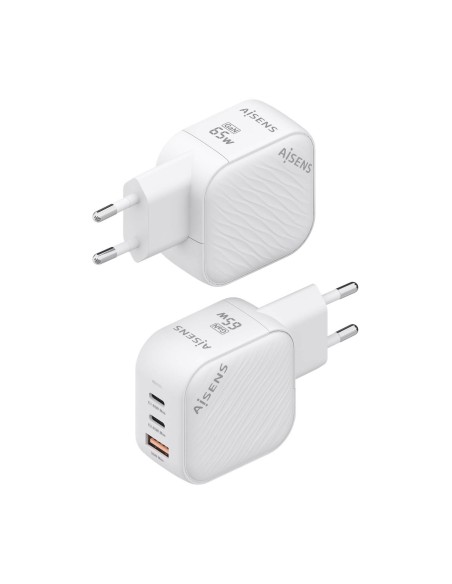 Cargador GaN 65W, 2xUSB-C PD3.0 QC4.0, 1xUSB-A QC3.0, Blanco