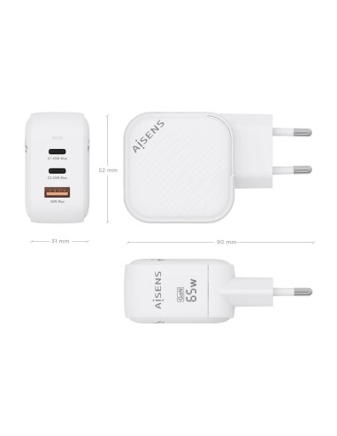 Cargador GaN 65W, 2xUSB-C PD3.0 QC4.0, 1xUSB-A QC3.0, Blanco