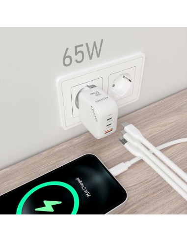 Cargador GaN 65W, 2xUSB-C PD3.0 QC4.0, 1xUSB-A QC3.0, Blanco