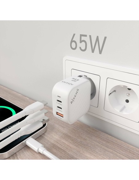 Cargador GaN 65W, 2xUSB-C PD3.0 QC4.0, 1xUSB-A QC3.0, Blanco