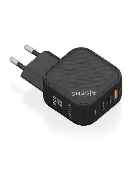 Cargador GaN 65W, 2xUSB-C PD3.0 QC4.0, 1xUSB-A QC3.0, Negro