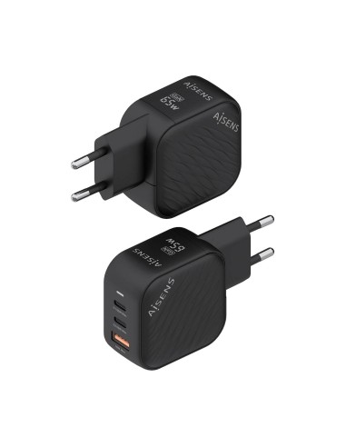 Cargador GaN 65W, 2xUSB-C PD3.0 QC4.0, 1xUSB-A QC3.0, Negro