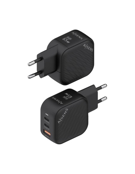 Cargador GaN 65W, 2xUSB-C PD3.0 QC4.0, 1xUSB-A QC3.0, Negro