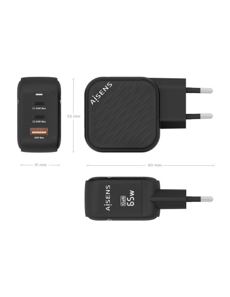 Cargador GaN 65W, 2xUSB-C PD3.0 QC4.0, 1xUSB-A QC3.0, Negro