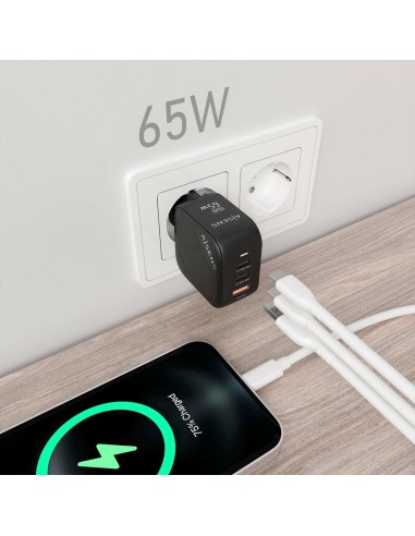 Cargador GaN 65W, 2xUSB-C PD3.0 QC4.0, 1xUSB-A QC3.0, Negro