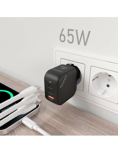 Cargador GaN 65W, 2xUSB-C PD3.0 QC4.0, 1xUSB-A QC3.0, Negro