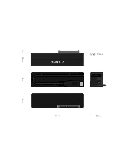Adaptador ASE-35C02B SATA a USB-C USB 3.0/USB3.1 GEN1 para Discos Duros 2.5" y 3.5" con Alimentador, Negro