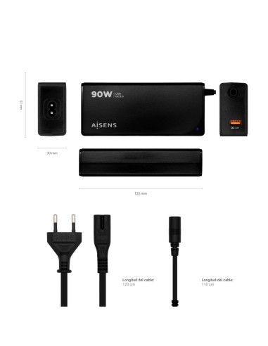 ASLC-90WAUTO-BK adaptador e inversor de corriente Interior 90 W Negro