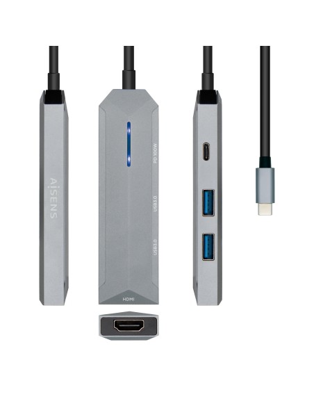USB-C dock 4 en 1, USB-C a 1xHDMI, 2xUSB, 1xPD, Gris, 15 cm