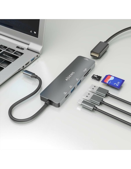 USB-C Dock 6 EN 1, USB-C a 1xHDMI, 2xUSB-A, 1xUSB-C PD 100W, 1xSD, 1xMicro SD, Gris, 15cm