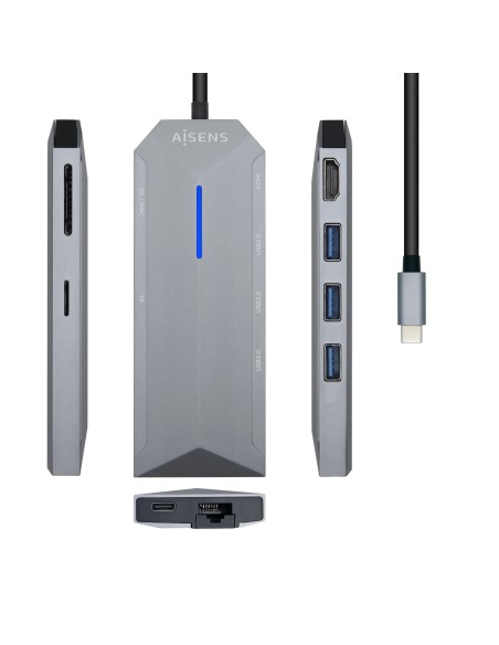 USB-C dock 8 en 1, USB-C a 1xHDMI, 1xRJ45, 3xUSB, 1xPD, 1xSD, 1xMicroSD, Gris, 15 cm