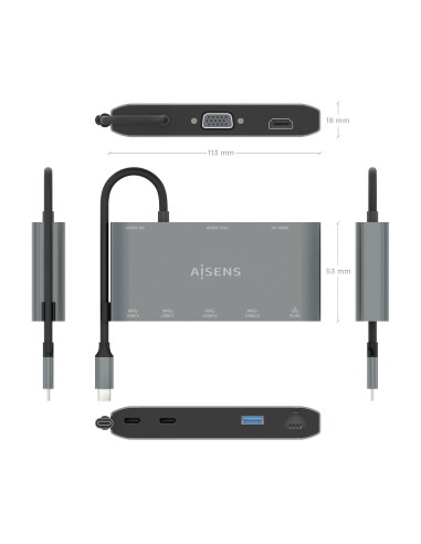 USB-C Dock 8 en 1, USB-C a 1xHDMI, 1xVGA, 1xRJ45, 2xUSB-A, 2xUSB-C 5G, 1xUSB-C PD, Gris, 20 cm