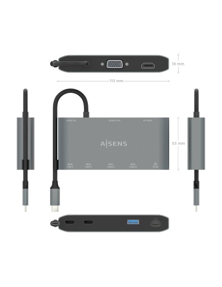 USB-C Dock 8 en 1, USB-C a 1xHDMI, 1xVGA, 1xRJ45, 2xUSB-A, 2xUSB-C 5G, 1xUSB-C PD, Gris, 20 cm