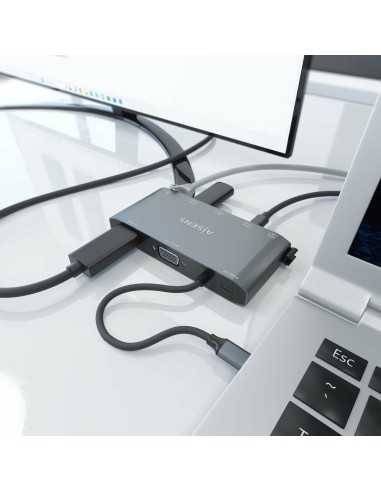 USB-C Dock 8 en 1, USB-C a 1xHDMI, 1xVGA, 1xRJ45, 2xUSB-A, 2xUSB-C 5G, 1xUSB-C PD, Gris, 20 cm