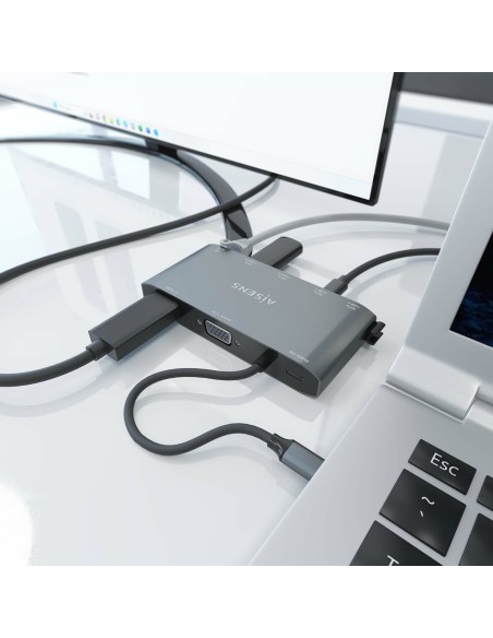 USB-C Dock 8 en 1, USB-C a 1xHDMI, 1xVGA, 1xRJ45, 2xUSB-A, 2xUSB-C 5G, 1xUSB-C PD, Gris, 20 cm