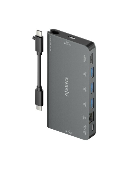 USB-C Dock 8 en 1, USB-C a 1xHDMI, 1xRJ45, 3xUSB-A, 1xUSB-C Datos+PD, 1xSD, 1xMicro SD, Gris, 10 cm