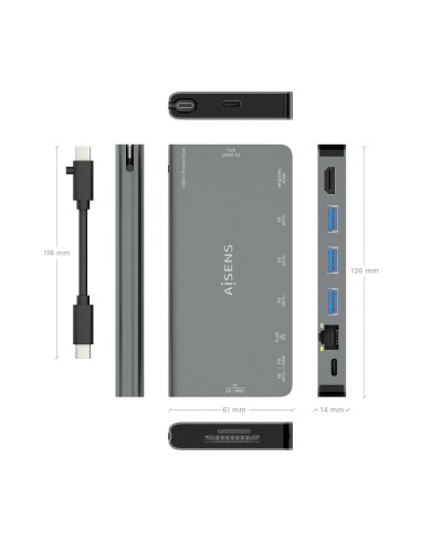 USB-C Dock 8 en 1, USB-C a 1xHDMI, 1xRJ45, 3xUSB-A, 1xUSB-C Datos+PD, 1xSD, 1xMicro SD, Gris, 10 cm
