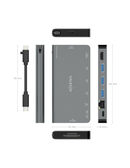USB-C Dock 8 en 1, USB-C a 1xHDMI, 1xRJ45, 3xUSB-A, 1xUSB-C Datos+PD, 1xSD, 1xMicro SD, Gris, 10 cm