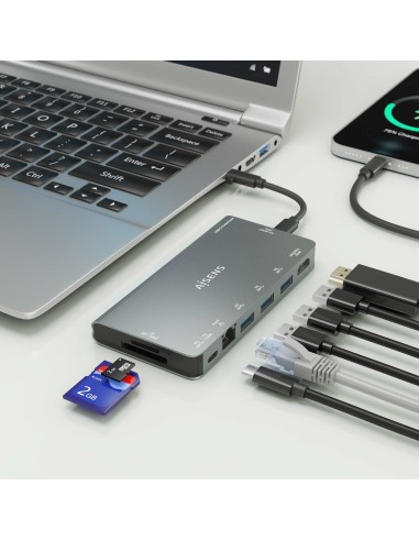 USB-C Dock 8 en 1, USB-C a 1xHDMI, 1xRJ45, 3xUSB-A, 1xUSB-C Datos+PD, 1xSD, 1xMicro SD, Gris, 10 cm
