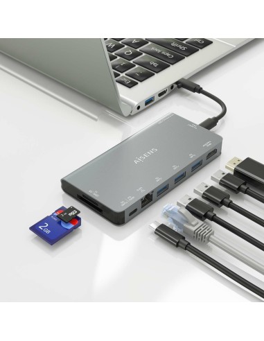 USB-C Dock 8 en 1, USB-C a 1xHDMI, 1xRJ45, 3xUSB-A, 1xUSB-C Datos+PD, 1xSD, 1xMicro SD, Gris, 10 cm