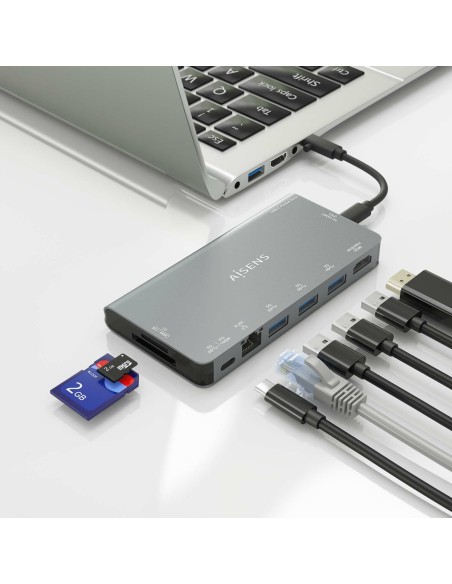 USB-C Dock 8 en 1, USB-C a 1xHDMI, 1xRJ45, 3xUSB-A, 1xUSB-C Datos+PD, 1xSD, 1xMicro SD, Gris, 10 cm