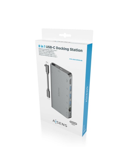 USB-C Dock 8 en 1, USB-C a 1xHDMI, 1xRJ45, 3xUSB-A, 1xUSB-C Datos+PD, 1xSD, 1xMicro SD, Gris, 10 cm