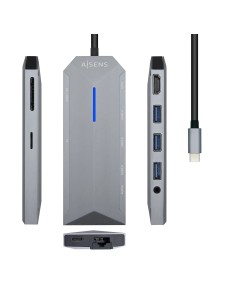 USB-C Dock 9 en 1, USB-C a 1x HDMI, 1xRJ45, 3x USB, 1x PD, 1x Audio, 1x SD, 1x Micro SD, Gris, 15 cm