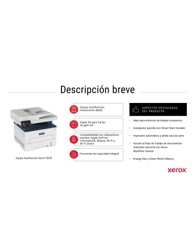 B235 A4 34 ppm Inalámbrica Copia/impresión/escaneado/fax PS3 PCL5e/6 ADF 2 bandejas Total 251 hojas