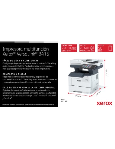 VersaLink B415 A4 47ppm Copia/impresión/escaneado/fax a doble cara PS3 PCL5e/6 2 bandejas 650 hojas