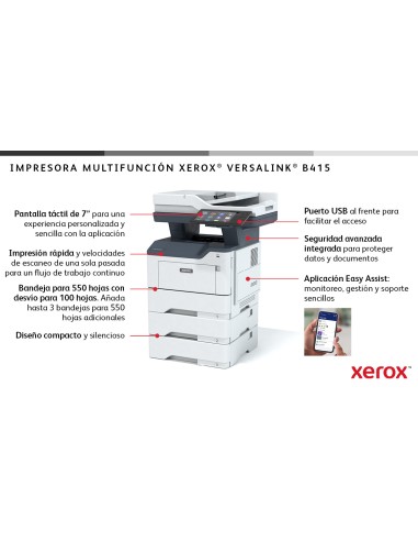 VersaLink B415 A4 47ppm Copia/impresión/escaneado/fax a doble cara PS3 PCL5e/6 2 bandejas 650 hojas