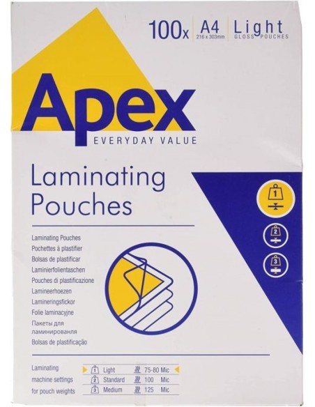 Pack 100 fundas plastificar a4 80 micras brillo apex