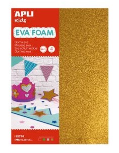 Blister 4 laminas goma eva purpurina a4 plataoro rojo y verde