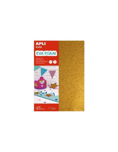 Blister 4 laminas goma eva purpurina a4 plataoro rojo y verde