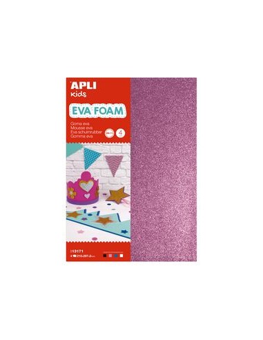 Blister 4 laminas goma eva purpurina a4 colores blanconegrorosa y azul