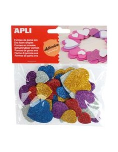 BOLSA 50 CORAZONES GOMA EVA ADHESIVOS PURPURINA SURTIDOS