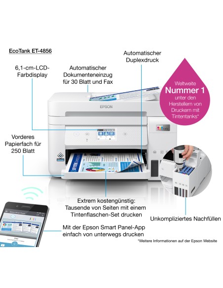EcoTank Impresora multifunción ET-4856 A4 con depósito de tinta, conexión Wi-Fi