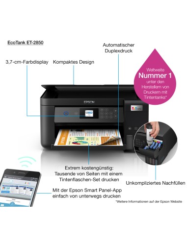 EcoTank Impresora multifunción ET-2850 A4 con depósito de tinta, conexión Wi-Fi