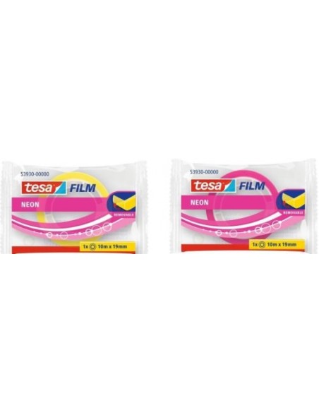 Caja 20 rollos tesafilm neon 10mx19mm amarillo rosa fluor en bolsita
