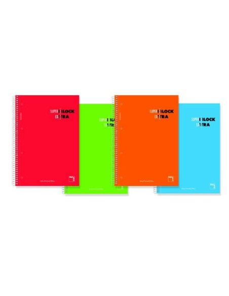 CUADERNO ESPIRAL SERIE SUPERBLOCK EXTRA TAPA DURA 90 GRS. A-4 (210X297MM.) MICROPERFORADO 120 HOJAS CUADRÍCULA 5X5 + GRECA SURTI