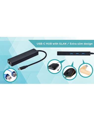 Advance USB-C Slim Passive HUB 3 Port + Gigabit Ethernet Adapter