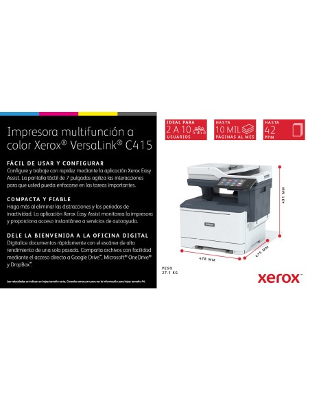 VersaLink C415 A4 40 ppm Copia/impresión/escaneado/fax a doble cara PS3 PCL5e/6 2 bandejas 251 hojas