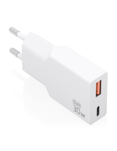 Cargador Ultra Delgado GaN 30W, 1xUSB-C PD3.0 QC4.0, 1xUSB-A QC3.0, Blanco