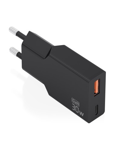 Cargador Ultra Delgado GaN 30W, 1xUSB-C PD3.0 QC4.0, 1xUSB-A QC3.0, Negro