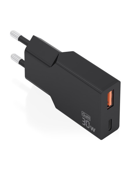 Cargador Ultra Delgado GaN 30W, 1xUSB-C PD3.0 QC4.0, 1xUSB-A QC3.0, Negro