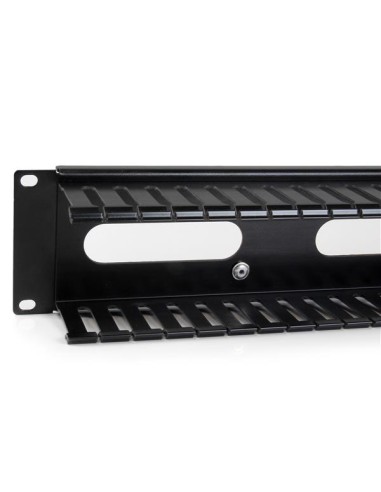 Panel Canaleta Horizontal de 2U con Cubierta para Gestión de Cableado en Racks y Perforaciones Laterales
