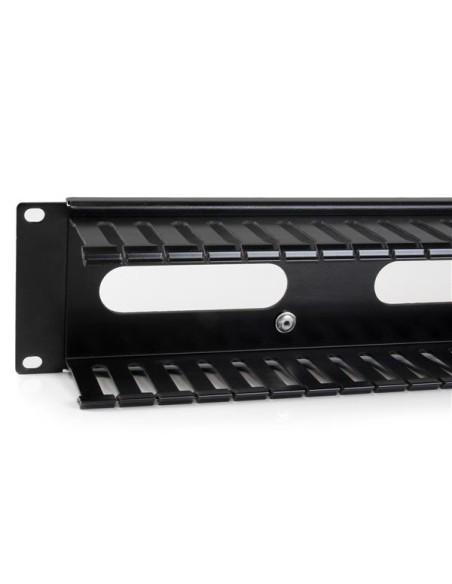 Panel Canaleta Horizontal de 2U con Cubierta para Gestión de Cableado en Racks y Perforaciones Laterales