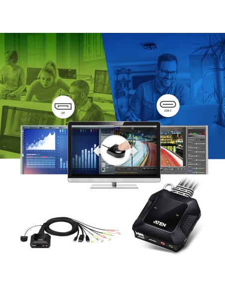 Switch KVM en formato cable híbrido DisplayPort de 2 puertos USB-C