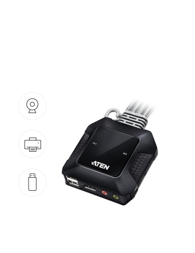 Switch KVM en formato cable híbrido DisplayPort de 2 puertos USB-C