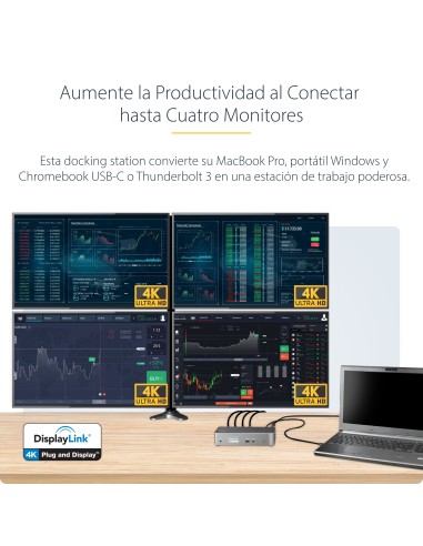 Mini Docking Station USB-C - Replicador de Puertos para 4 Monitores DisplayPort y HDMI 4K 60Hz - con PD de 100W - Hub Ladrón US