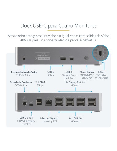 Mini Docking Station USB-C - Replicador de Puertos para 4 Monitores DisplayPort y HDMI 4K 60Hz - con PD de 100W - Hub Ladrón US